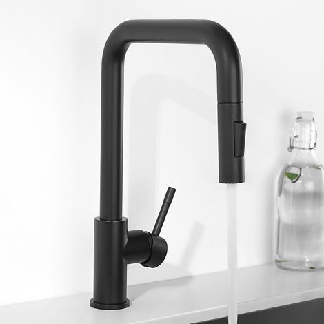 Rubinetto da cucina con doccetta estraibile, miscelatore da cucina girevole a 360° con 2 modalità di getto, miscelatore monocomando per lavello con acqua fredda, nero (1/5)