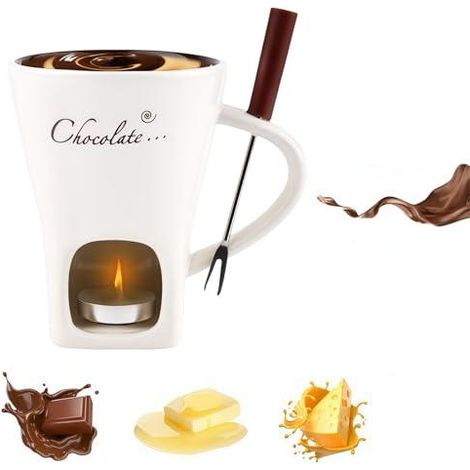 Tasse à fondue au chocolat, tasse à fondue au chocolat, tasse à fondue au fromage, tasse à fondue sucrée en céramique avec fourchette, adaptée au fromage et aux bonbons (blanc) (1/3)