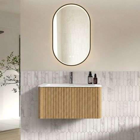Ensemble meuble vasque salle de bain 80 cm suspendu avec miroir LED ovale 50x80 cm chêne REDOM (1/5)