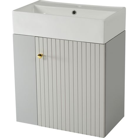 Haengender Waschbeckenunterschrank mit Schrank und seitlichen Ablagen, aus Spanplatte, Grau und Weiss, Badezimmer (1/5)