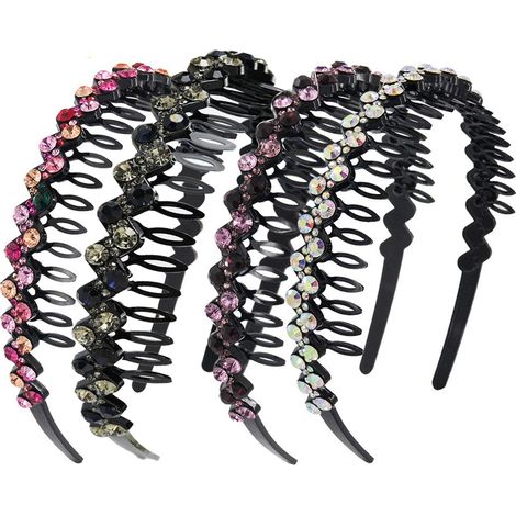 Headband Denté - Bandeau Cheveux avec Strass - Pour Femme et Fille - Convient Cheveux Épais - Taille Unique - Lot de 4 (1/5)