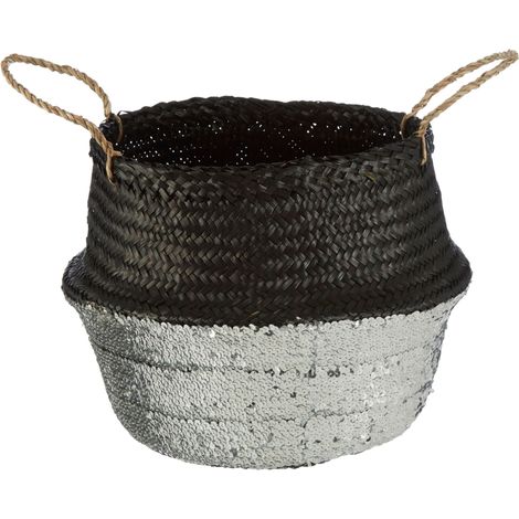 Premier Housewares Medium Natural Silver/Black Seagrass Basket Decorative Storage Baskets With Handles For Daily Use Store Clothes Shoes And Bags In Handwoven Baskets 35 x 35 x 32 (1/5)
