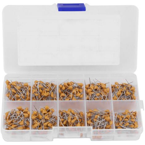 Kit assorti de 500 condensateurs céramiques monolithiques 50 V, 10 pF à 680 pF, 10 valeurs différentes.