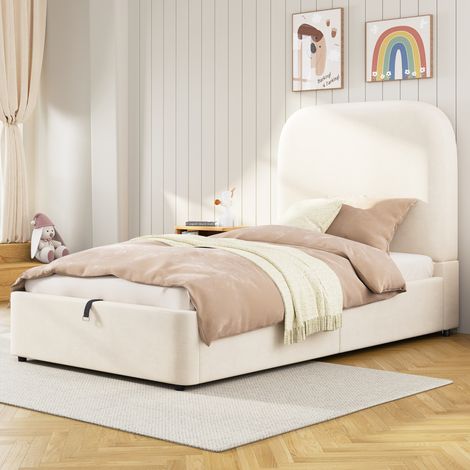 Cama infantil 90x200 cm de terciopelo beige con almacenaje, sin colchón FloraGrace (1/5)