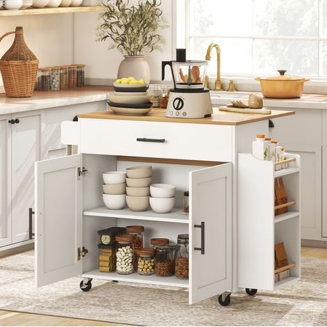 Isla de cocina con ruedas y encimera abatible, blanco HAVRYA (1/3)
