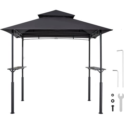 Abri barbecue de jardin 2,43 x 1,5 m, toit à double niveau, acier thermolaqué, 2 étagères latérales et 8 crochets, cuisine (1/5)