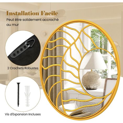 Miroir mural rond doré de 80 cm à cadre irrégulier en MDF avec reflet net et crochets de fixation pour salon entrée et chambre (1/5)