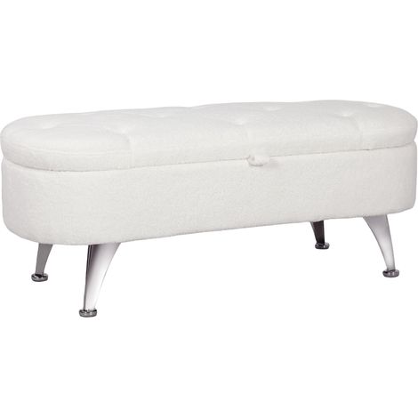 Panca contenitore, panca imbottita con coperchio, panca da letto con rivestimento in velluto effetto orsetto, per corridoio, camera da letto, soggiorno, struttura in metallo 114 x 47 x 46,5 cm, bianca