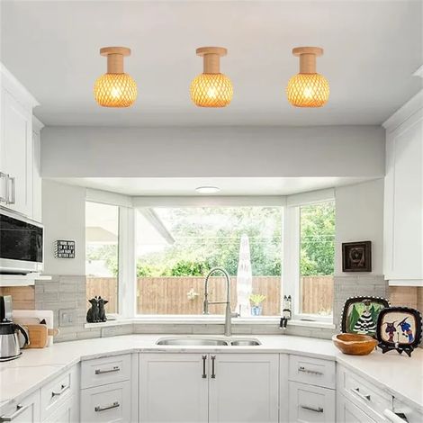 3pcs Rétro Plafonnier,15cm Lustre Plafonnier Industriel Abat-jour en Bambou et Bois Design Rond Luminaire Réglable,Salon (1/5)