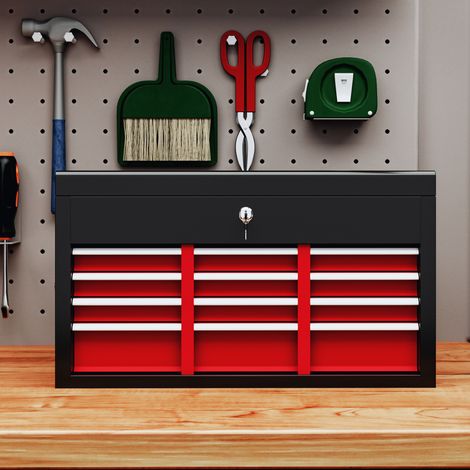 Coffre à outils métallique 6 tiroirs verrouillable, dimensions 60x26x34cm, couleur rouge et noire (1/5)