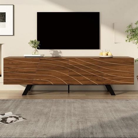 Meuble TV - KOMHTOM - moderne - 160x39x50.5 cm - effet noyer - pieds métal noir (1/5)