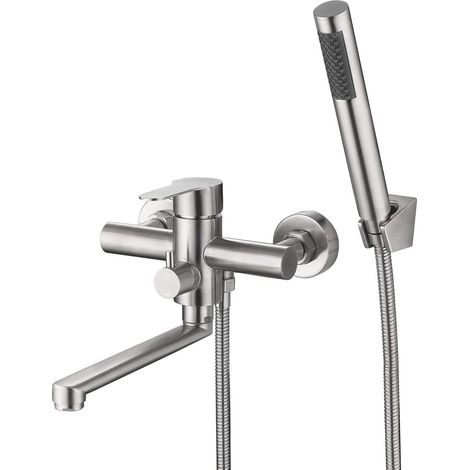Wall-mounted stainless steel bathtub faucet with hand shower, wall bracket and shower hose, round, wall-mounted bathtub faucet for bathrooms (1/5)
