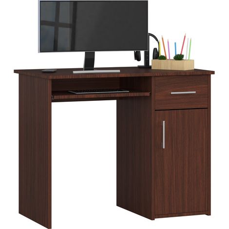 Bureau d'ordinateur AKORD PIN Wengé 90 cm 1 porte 1 tiroir façade Wengé 3 étagères 90x50x74 cm (1/5)