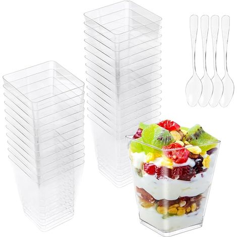 Verres à dessert en plastique - 160 ml - Réutilisables - Avec 25 cuillères à soupe - Pour desserts DIY tels que mousse, pudding, crème glacée - Parfait pour les fêtes de dessert et les services (1/5)