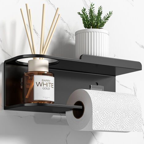 Porte-papier toilette mural avec étagère, sans perçage, en acier inoxydable auto-adhésif, pour toilettes, salles de bains et cuisines (noir) (1/5)