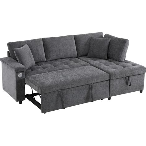 Canapé d’angle moderne en L avec canapé-lit extensible, fonction couchage, espace de rangement, chargeur USB, tablette d’accoudoir et 2 coussins, adapté au salon, etc., gris. (1/5)