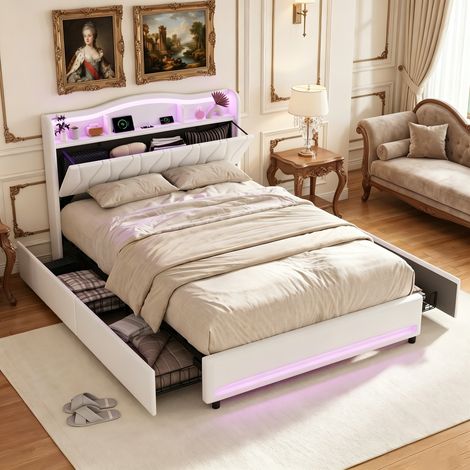 BLANKETSWARM - Lit double rembourré 140 x 200 cm, lit adulte 140x200 avec 4 tiroirs, lit capitonné avec tête de lit - ports USB et LED réglables - Velours Beige (1/5)