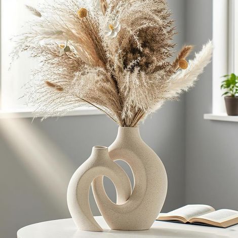 Lot de 2 vases Creux en céramique, Vase décoratif d'intérieur Beige Moderne pour décoration Nordique, vases à Fleurs Ronds esthétiques bohème pour la Maison, la Table Basse, décoration (1/5)