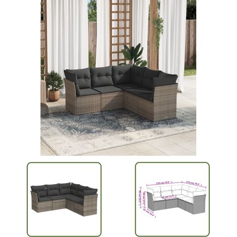 The Living Store Salon de jardin 5 pcs avec coussins gris résine tressée - Ensemble Salon De Jardin - Mobilier Extérieur - Canapé Jardin - Résine Tressée - Rotin Synthétique (1/3)
