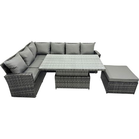 Fimous 7 placesTable à manger d'extérieur en rotin à dossier haut et hauteur réglable Ensemble canapé d'angle Mobilier de jardin  Gris foncé mélangé Links Het (1/5)