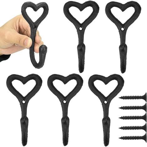 6 PCS Crochet Porte Manteau Mural en Métal 11.2cm x 5.5cm x 4cm Crochet Mural Vintage Antirouille Door Hooks En Forme de Coeur avec Vis pour Salle de Bain Cuisine Chambre Entrée - Noir (1/5)