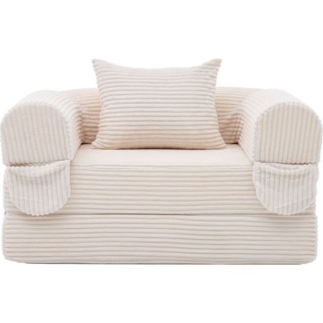 Sillón Convertible Cama Individual, Sofá Plegable sin Montaje, Cojín Incluido, Tejido Kord, Beige (1/5)