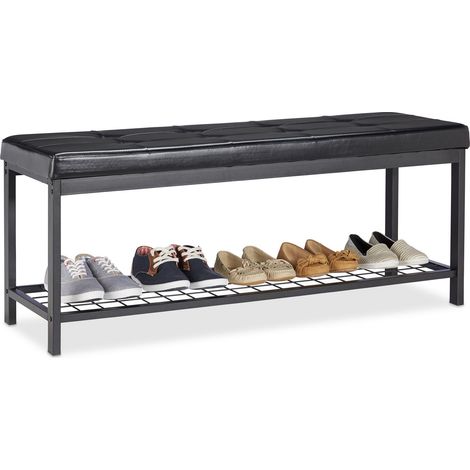 Relaxdays Banc Range-chaussures XXL Ouvert Coussin moelleux Similicuir Support Grillage Métal 49x115x40cm noir (1/5)