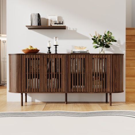 Buffet de 160 x 40 x 70 cm avec 4 portes coulissantes perforées, commode moderne avec étagères réglables et pieds métalliques robustes, buffet de salon pour le couloir, la salle à manger, couleur noye (1/5)