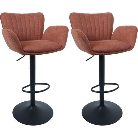 Lot de 2 tabourets de bar HHG-098, tabouret de bar pivotant, accoudoirs, repose-pieds pivotant, tissu et fer MVG, pied terracotta, pied noir