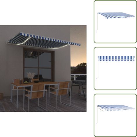 Tenda da sole esterna - vidaXL Tenda da Sole Retrattile Manuale con LED 400x300cm Blu e Bianco - Tenda da sole con luci LED
