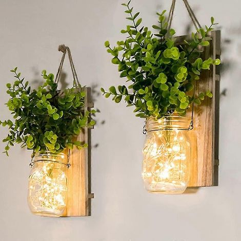 Appliques murales rustiques, plantes vertes artificielles suspendues en bocaux Mason avec bandes LED fonctionnelles, idéales pour la décoration de Noël à la maison et au jardin (lot de 2) (plan vert) (1/5)