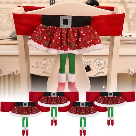 Lot de 4 housses de chaise rouges extensibles à motif flocons de neige, inspirées des lutins de Noël, avec jupe et boucle de ceinture. Idéales pour les fêtes de fin d'année, les mariages et les décora