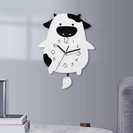 Acryl-Wanduhr mit Kuh-Silhouette im Cartoon-Stil, geräuschloses Schwingwerk, dekorativ für Wohnzimmer, Büro oder Küche, Maße 37 x 28 cm, inklusive AA-Batterie