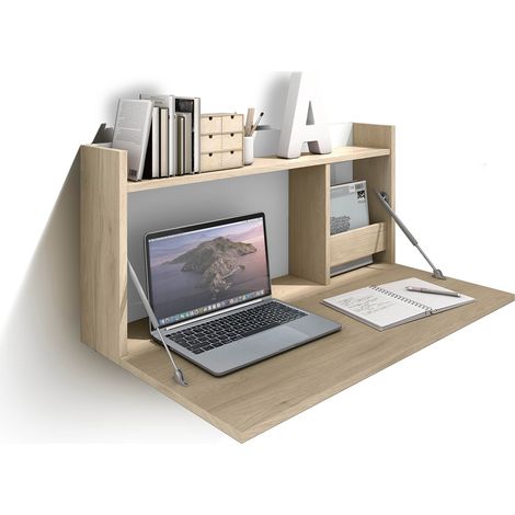 Bureau mural enfant en mélamine – Chêne clair – Dimensions 80x45.5cm – Porte rabattable avec vérins d'ouverture lente – Herdasa (1/5)