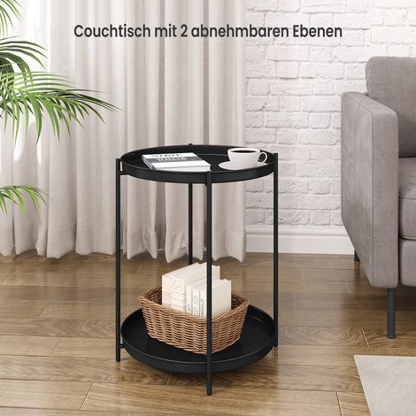 WOLTU Rund Beistelltisch Couchtisch mit Stauraum Nachttisch Sofatisch mit 2 abnehmbare Tabletts Kaffeetisch Telefontisch , aus Metall, für Wohnzimmer Schlafzimmer, Schwarz (1/5)