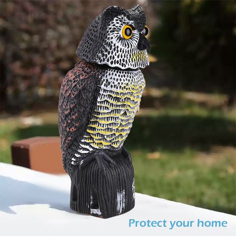 Leurre de hibou grand-duc et statue de hibou à tête rotative à 360° pour effrayer les oiseaux dans un patio, une cour ou un jardin. (1/3)