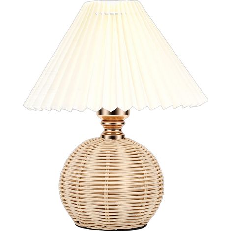 Plissierte Tischlampe, sanftes gelbes Licht, Lampenschirm aus Leinen, Gestell aus Rattan, beige Nachttischlampe fürs Schlafzimmer (1/5)
