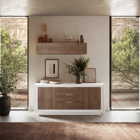 Buffet bas blanc et noyer 2 portes-3 tiroirs 180cm YORI (1/5)