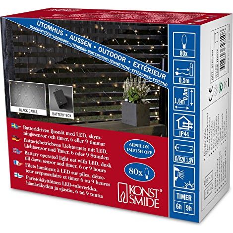 Konstsmide 3727-100 - Catena luminosa LED con interruttore on/off e sensore luminoso, timer per 6 e 9 ore, adatta a esterni (IP44), 80 diodi a luce bianca calda, funzionamento a batteria, con cavo bia (1/4)
