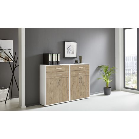 BMG Möbel Regalwand/Schrankwand, Office Edition Set 17, weiß / Gold Harbor Oak