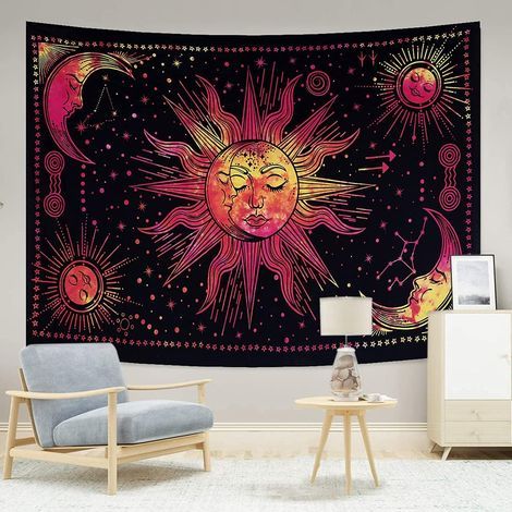 Wandteppich mit Sonne- und Mondmuster – Rot – 150 x 200 cm – Ästhetisches, psychedelisches Sternbild – Mystischer Stoff für die Dekoration von Wohn- und Schlafzimmerräumen (1/5)