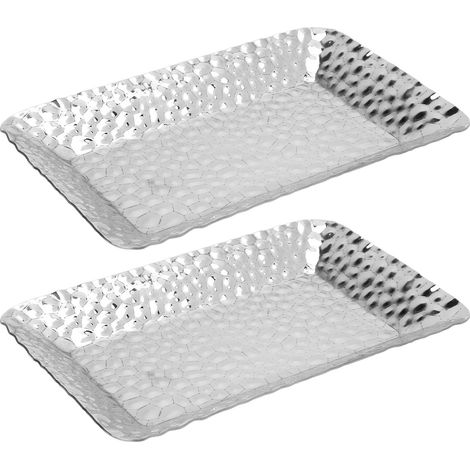 Lot de 2 plateaux serviettes en acier inoxydable rectangulaires service déco coiffeuse cuisine salle de bain rangement organiseur comptoir argenté (1/5)
