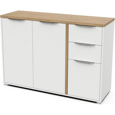 Enfilade ACCESS - 3 portes + 2 tiroirs - Décor chene Hamilton et Blanc - L 121,5 x P 39,6 x H 85,6 cm - DEMEYERE (1/5)