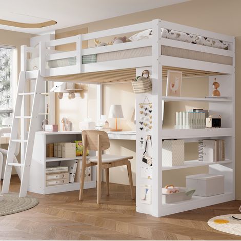 Letto a soppalco 90x200 cm bianco in legno e MDF con scaffale, pannello in feltro e scala inclinata (1/5)