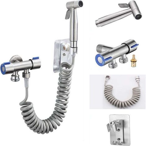 WC-Sprühpistolen-Set (Sprühpistole + 1,5 m Schlauch + bohrfreie Basis + Eckventil mit Zwei-Wege-Steuerung) silber