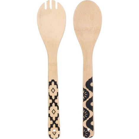 Couverts à salade en bois de bambou avec manche noirs à motifs (1/2)
