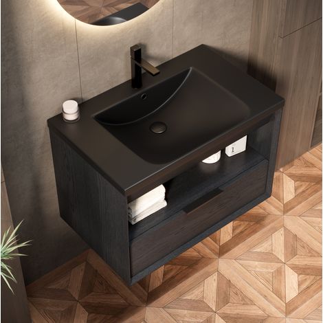 Mobile lavabo sospeso 75 cm con lavabo ceramico nero e cassetto, rovere scuro (1/5)