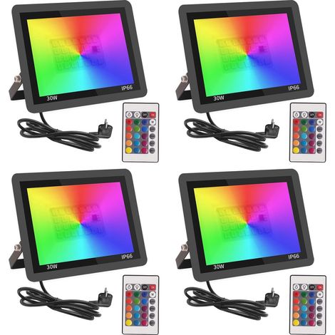RGB Projecteur LED Extérieur 30W,Spot LED Couleur avec Télécommande,16 Couleurs 4 Modes Dimmable Éclairage Extérieur Murale,Étanche IP66 Luminaire Jardin pour Cour,Terrasse,Noël,Fêtes DJ-4pcs [Classe (1/5)