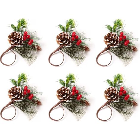 Lot de 6 ronds de serviette, motif baies d'aiguilles de pin, style rustique champêtre pour Noël et Thanksgiving (1/5)