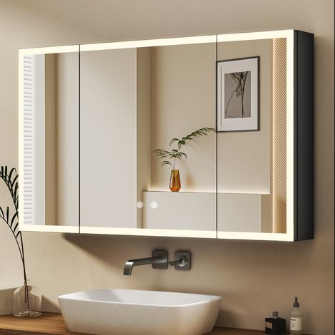 100x60 cm 3 Türen Spiegelschrank Bad mit Beleuchtung Schwarz LED Spiegelschrank mit Beleuchtung Badspiegel Schwarz Badschrank Hängeschränke mit 3 Einstellbare Lichtfarben + Beschlagfrei